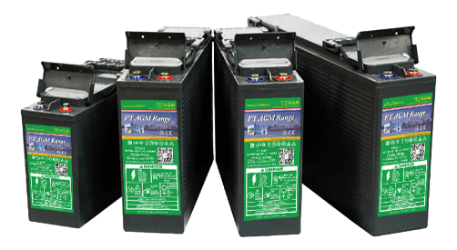 A cluster of Front Access AGM/GEL Lead Acid Batteries in different sizes.